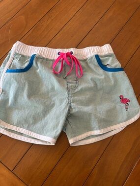 Andrew Christian Blue & White Striped Swim Trunks Medium Pink Flamingo